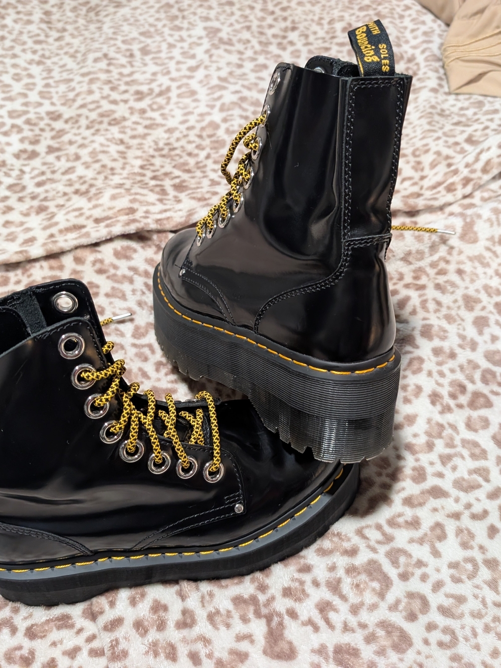 Dr. Martens Jadon Max Black Patent Platform Lace-Up Boots with Yellow Accents - Picture 2 of 7